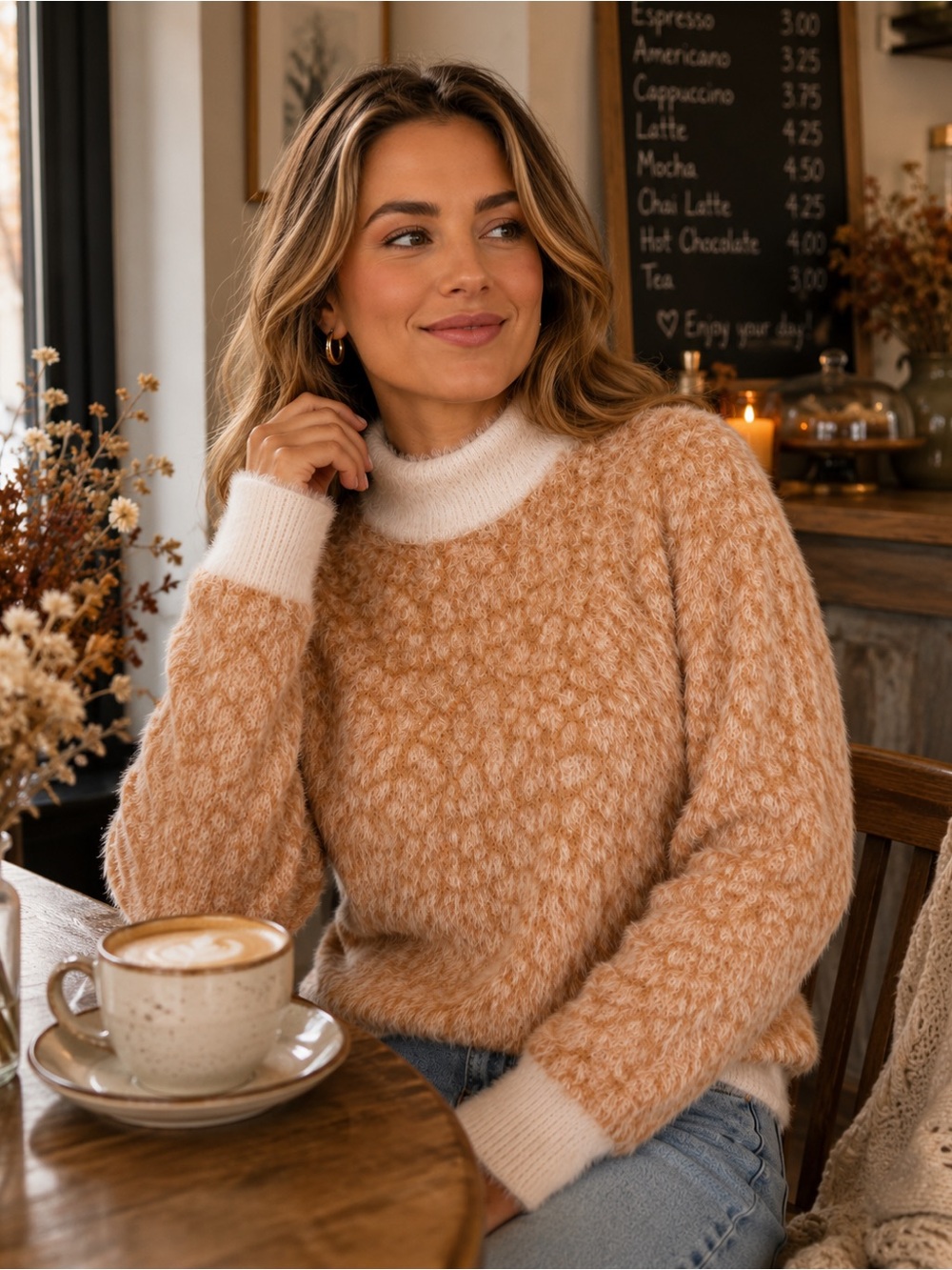 Listicle Fuzzy Eyelash Mock Neck Sweater Blush Pink Cream Size Small